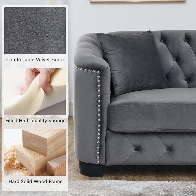 mikibama Luxury 2 Piece Chesterfield Velvet Sofa Set for Living Room, Modern Decor Furniture Sectional Sofa, 3 Seater & Loveseat Upholstered Tufted Couch for Apartment, Office, Hall(Grey)