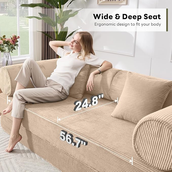 Tbfit 79'' Folding Boneless Couch, Oversized Corduroy Convertible Sofa Bed, Futon Mattress Sleeper Sofa, Comfy Foldable Upholstered Floor Couches for Living Room, Khaki