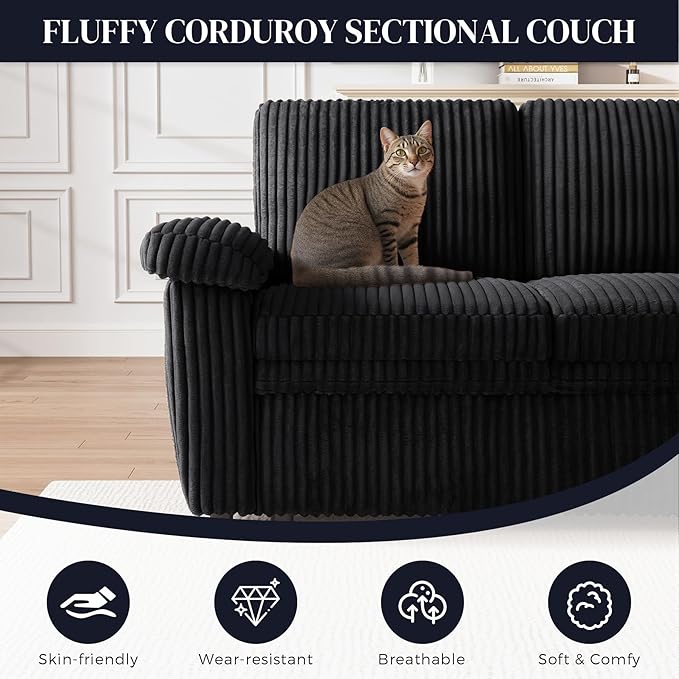 Modular Sectional Sleeper Sofa with Pull Out Bed, Storage Chaise & USB Charging, U Shaped Plush Corduroy Black Sectional Couches for Living Room, Comfy Convertible 7 Seat Cloud Sofa Bed, Black
