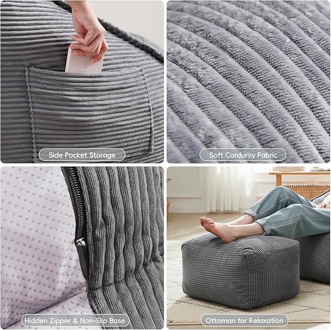 Cloud Bean Bag Chair with Ottoman for Adults, Comfy Corduroy Chaise Lounge Chair with High-Resilience Foam, Boneless Reading Chair for Bedroom & Living Room (Grey)