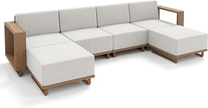 MIXPATIO Outdoor Patio Furniture Set, 6 Piece Outdoor Rattan Wicker Sofa Couch Set, Sectional Outdoor Conversation Sets with 10" Extra Thick Cushions for Deck Backyard Lawn