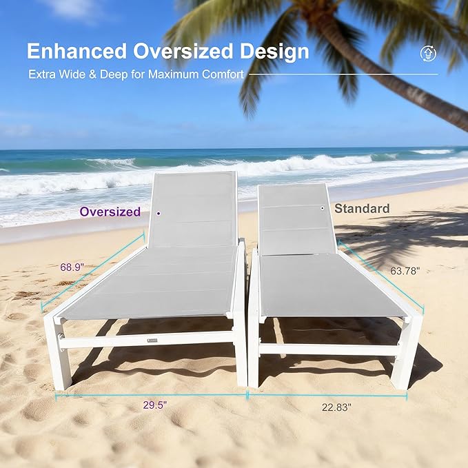 PURPLE LEAF Outdoor Oversized Chaise Lounge Set for Tall & Strong Individuals Adjustable Recliner Extra Wide Lounge Chairs with Side Table for Poolside Beach Patio Aluminum Chaise Lounger Cream