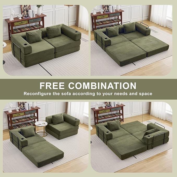78" Loveseat Sleeper Sofa, 4 in 1 Convertible Floor Sofa Bed, Boneless Cloud Couch with Cup Holder, Fold Out Floor Couch for Living Room Bedroom Lounge, Corduroy, Olive