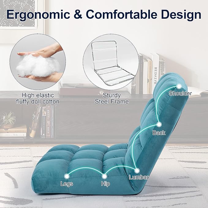 HOMYEDAMIC Floor Chair, 24 inches Wide Oversized Velvet Armless Lay Flat Floor seat Padded Meditation Chair with 6 Adjustable Position Ergonomic Comfortable Convenient(LRSF-010-BLUE)