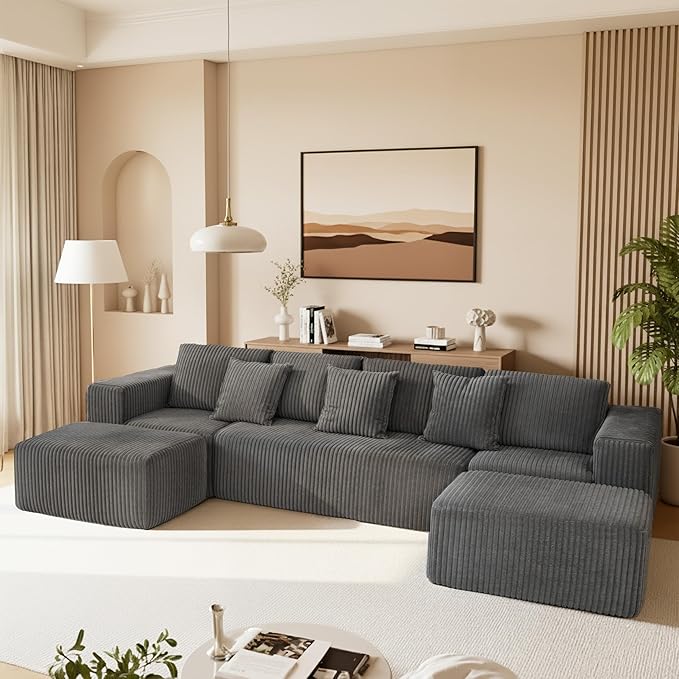132" U Shaped Modular Sofa, 4-Seater Sectional Cloud Couch with Chaise, Soft Corduroy Boneless for Living Room, No Assembly Required, Free Configuration,Grey