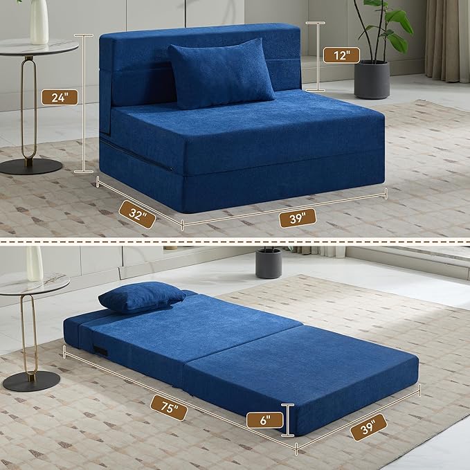 Folding Sofa Bed Convertible Floor Couch Foldable Chair Bed with Pillow，Linen Sleeper Chair Futon,Foldable Memory Foam Mattress for Bedroom/Living Room/Dorm/Office (Navy, Standard)