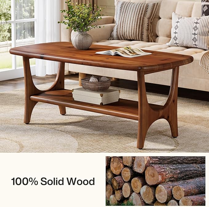 Solid Wood Coffee Table, 47.24” Mid-Century Modern Rectangle Living Room Table, 2-Tier Center Table for Living Room