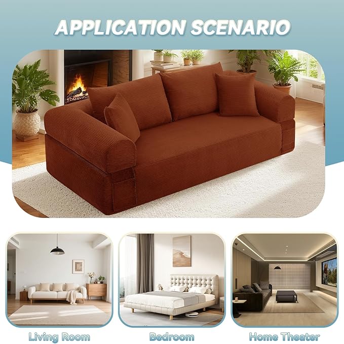 GJQ 3 Seater Couch for Living Room,83" Sofa in a Box,Cloud Sofa Bed with Tufted Cushion & Backrest, Corduroy Boneless Couch Upholstered Floor Sofa with Storage Pockets,No Assembly Required,Orange