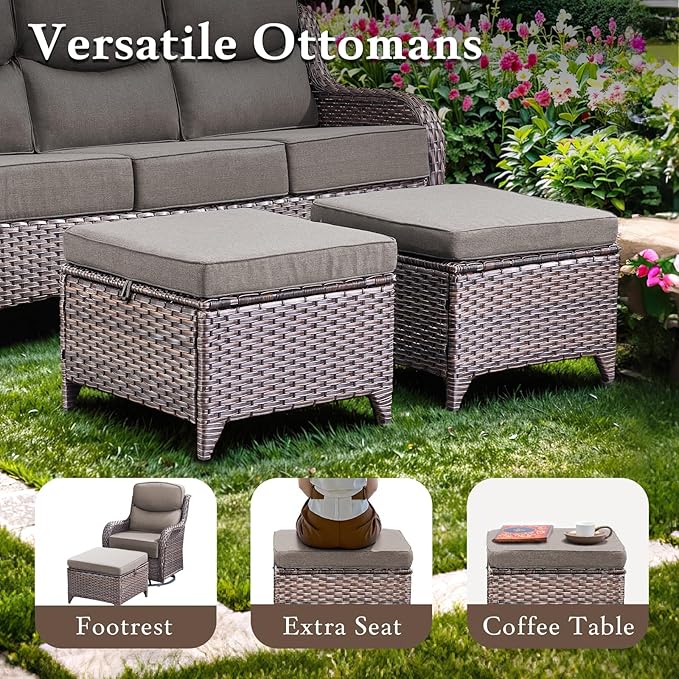 moosprr Luxury High Back Outdoor Furniture with 6-inch Extra Thick Cushions, Patio Furniture Set with Swivel Chairs, 8 PCS Wicker Conversation Set for Yard, Deck, Poolside, Brown/Grey