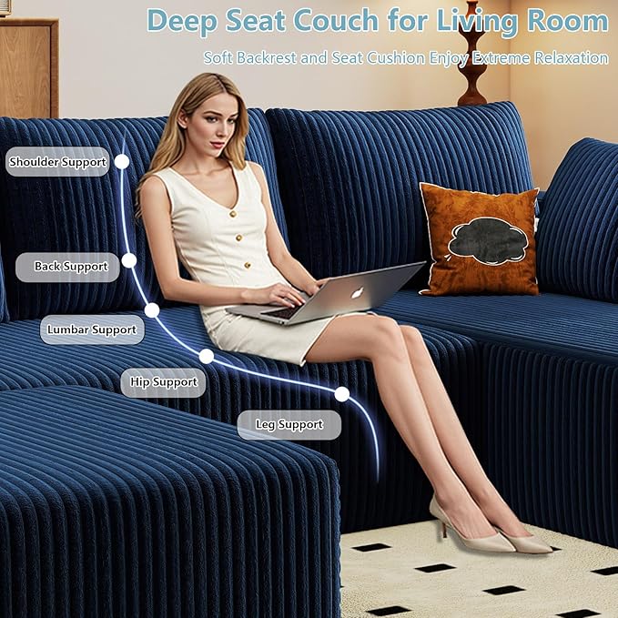 96" W Cloud Sectional Couch with Ottoman,Modern U-Shaped Cloud Couch with Deep Seat,Comfy Corduroy 3-Seater Sofa,Memory Foam Sofa for Living Room,No Assembly (Blue,Right-Facing Chaise)