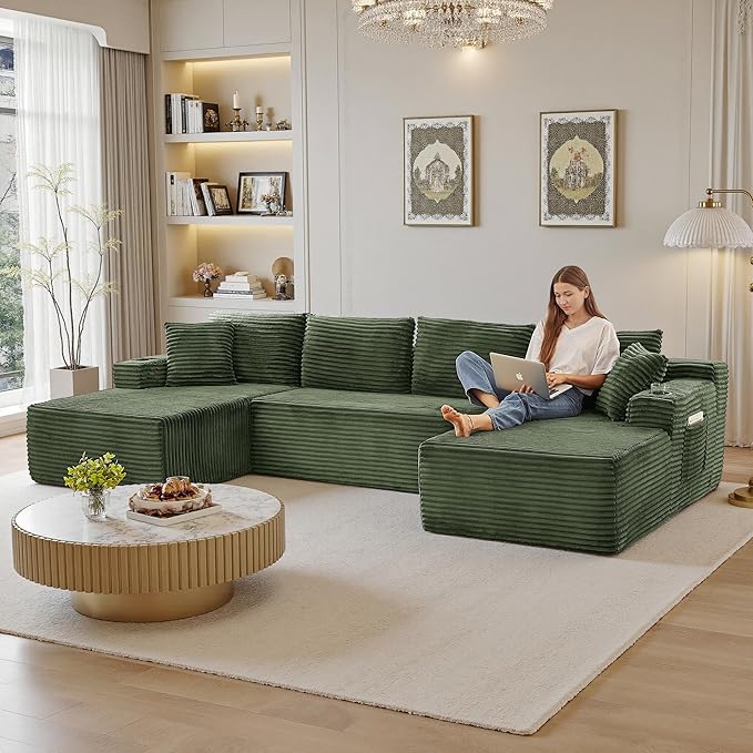 133" Sectional Couches for Living Room Cloud Couch Sofa with L-Shape Upholstered Boneless Couchs Modern Modular Sectional Couch with Chaise (Green, 133" W+U Facing Chaise)