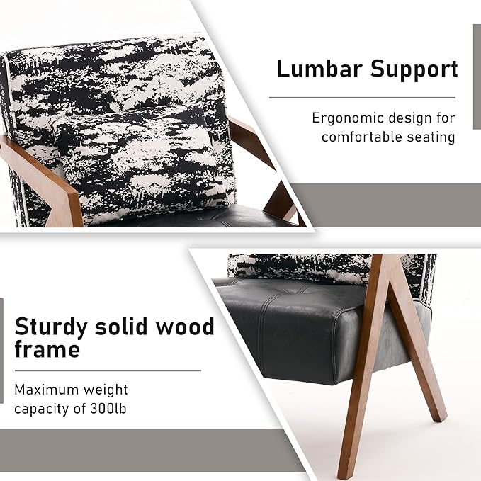 Mid-Century Modern Accent Chair Set of 2 with Solid Wood Frame，Upholstered Leather Living Room Arm Chairs with Pillow for Bedroom, Living Room, Reading Room, Balcony, Black