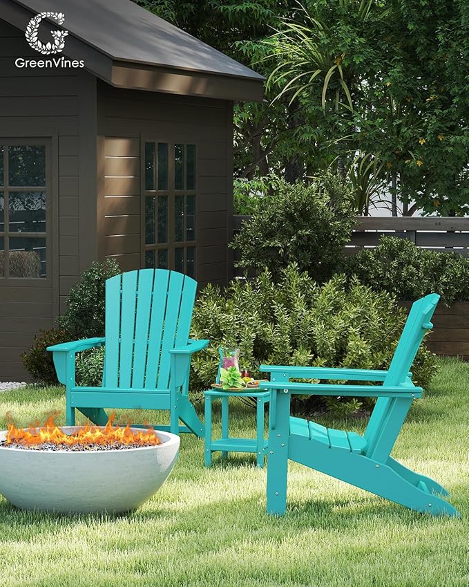 GREENVINES Adirondack Chairs Set of 4 | HDPE Plastic | Oversized Fire Pit Chair | All Weather | Aqua | Poly Lumber | for Outdoor Deck Backyard Patio Garden