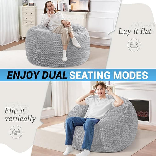 3FT Bean Bag Chair,Giant Bean Bag Chairs for Adults,Big Bean Bags with Memory Foam Filled, Large Beanbag Chairs with Chevron Plush Cover-Light Grey