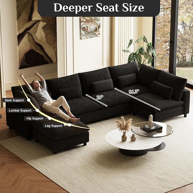 130" W x 67" D U Shape Sectional Sofa with USB Charging & Cup Holder & Storage, 6 Seater Plush Corduroy Couches with Movable Ottoman, Cloud Couch Sofas for Living Room, DIY Combination - Black