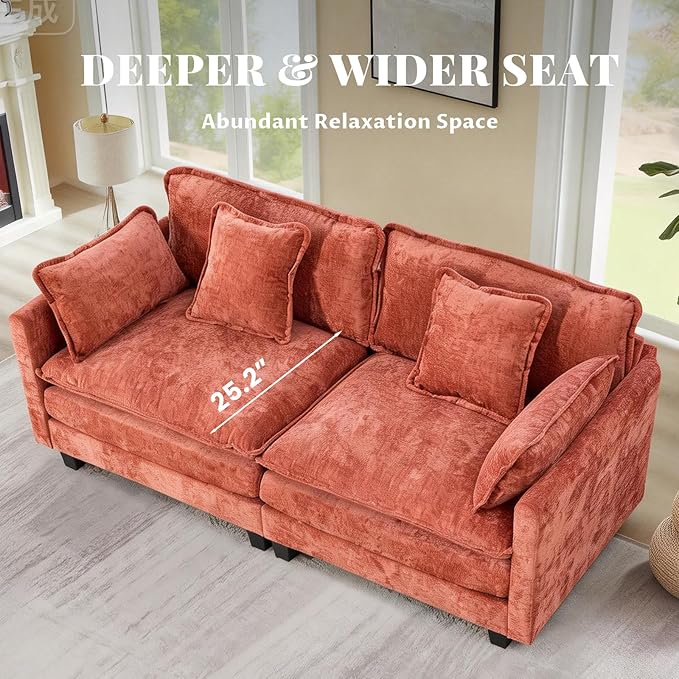 SoarFlash 77.95" Chenille Sectional Sofa, Comfy Modular Loveseat Sofa, Modern 2-Seat Couch Deep Seat Sofa Set for Living Room,Orange