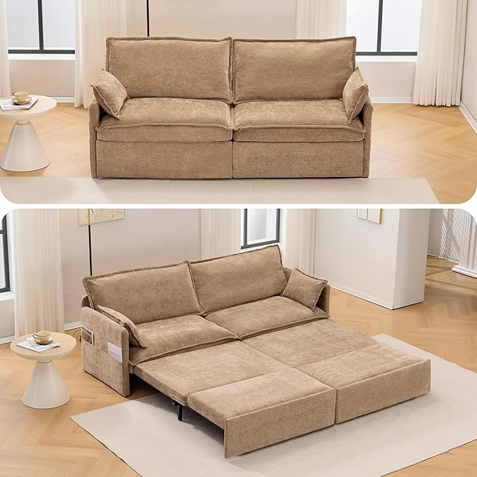 GRAINLLE King Size Pull Out Couch,3-in-1 Corduroy Sleeper Sofa Couch with Pull Out sofa bed,USB & Side Storage,Convertible Loveseat Sleeper couch for Living Room, Bedroom, pet-friendly (Khaki, 73.6'')