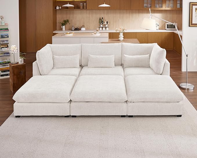 Oversized Modular Sofa, Extra Deep Cloud Chenille Sectional Couch with Ottoman Chaise, Fluffy Chenille 6 Seater Couch Bed for Living Room, Villa (Sofa Bed 6 Seater, Chenille White)