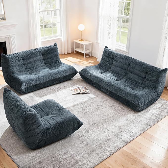Bean Bag Loveseat Chair Big Sofa Beanbag Chair for Adults Fireside Chair Bean Bag Lounger with Memory Foam Filled for Home,Apartment or Gaming Venue（Grey Plush）