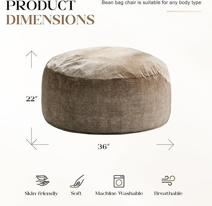Hobestluk Bean Bag Chairs Giant Beanbag Chair with Filler, Memory Foam Bean Bags with Fluffy & Machine Washable Cover, Bean Bag Chairs for Aduts for Living Room, Bedroom (BROWN, 3FT - 36” x 36” x 22”)