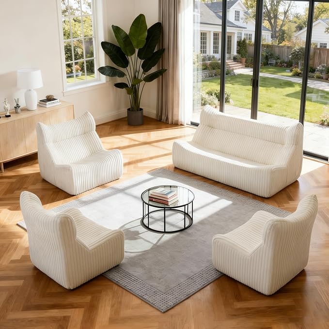 Bean Bag Chairs, Giant Bean Bag Chair for Adults, Memory Foam Lounge Chair, Comfy Lazy Floor Chair, Bean Bag Sofa for Living Room, Bedroom and Office, Single Bean Bag (White)