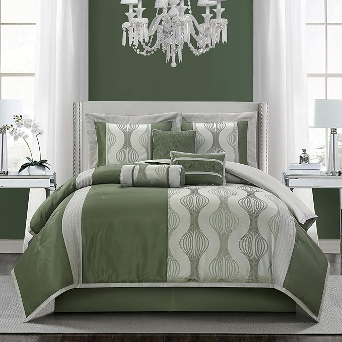 Grand Avenue 7 Piece Green Comforter Set, California King Size Jacquard Bedding Set, All Season Geometric Patchwork Bedding Set, Matching Pillows, Shams, Bed Skirt