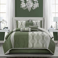 Grand Avenue 7 Piece Green Comforter Set, California King Size Jacquard Bedding Set, All Season Geometric Patchwork Bedding Set, Matching Pillows, Shams, Bed Skirt