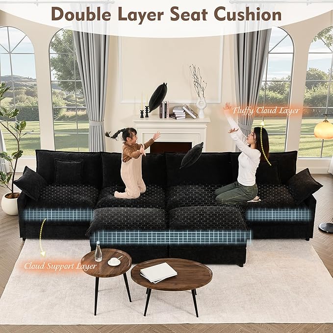 GOSUHI 142.5" U Shaped Couch, Modular Sectional Sofa, 3-Seater Comfy Cloud Couch with Movable Ottoman, Deep Seat Couches for Living Room, Chenille, Black