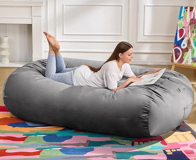 Hobestluk 6FT Bean Bag Chair Large Beanbag Lounger with Removable Cover Adult Bean Bag Chair with Portable Handle Desgin for Living Room Bedroom (Grey, 6FT)