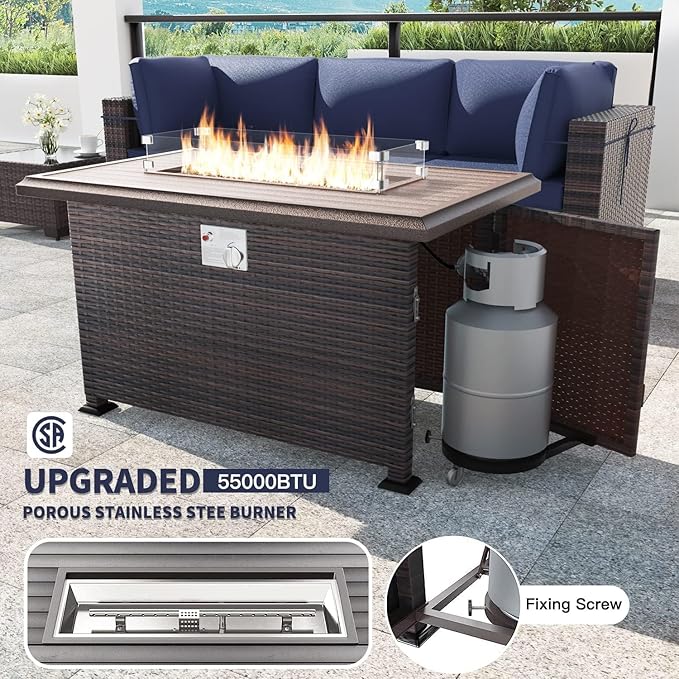 Kullavik 10 Pcs Outdoor Patio Furniture Set with 43" Gas Propane Fire Pit Table PE Wicker Rattan Sectional Sofa Patio Conversation Sets,Navy Blue