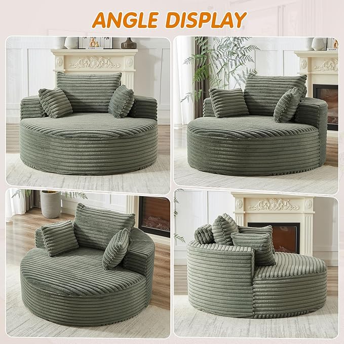 55"W Oversized Round Chair Lounge Chaise Indoor, Upholstered Comfy Circle Sofa Armchair, Modern Cozy Boneless Foam Floor Reading Chair for Living Room, Bedroom, No Assembly Required(Corduroy, Green)
