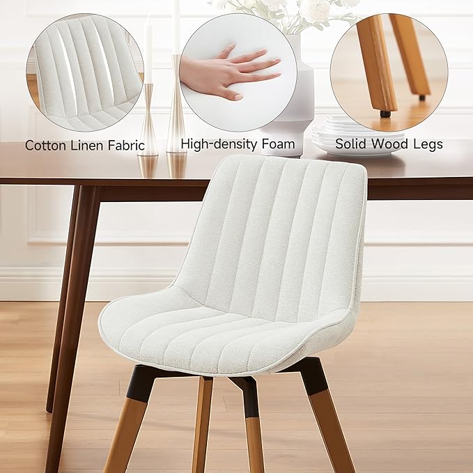 Art Leon Swivel Dining Chairs Set of 2, Mid Century Modern Kitchen Dining Room Chairs, Upholstered Fabric Armless Side Chair with Wood Legs for Living Room Bedroom, Off White
