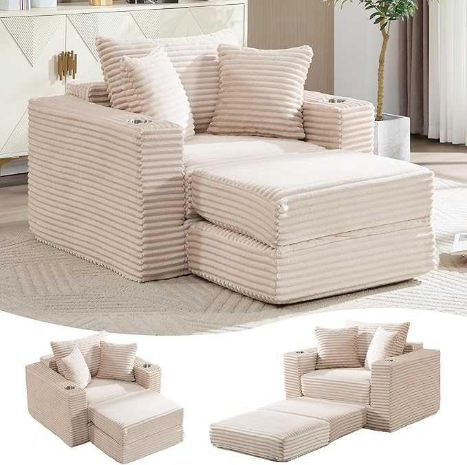 Boneless Chaise Lounge Chair Indoor, All-Foam Convertible Lounge Chair with No Frame, Wide Reclining Floor Lounger for Reading, Napping & Relaxation, No Assembly Needed (Beige)