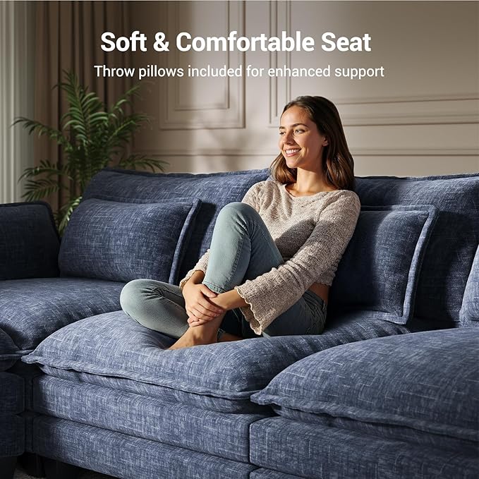 Pipishell 110.6" U-Shaped Modular Sectional Sofa, 5-Seat Modern Chenille Deep Seat Comfy Cloud Couch with 2 Movable Ottoman & Throw Pillows for Living Room, Bedroom and Apartment, Blue