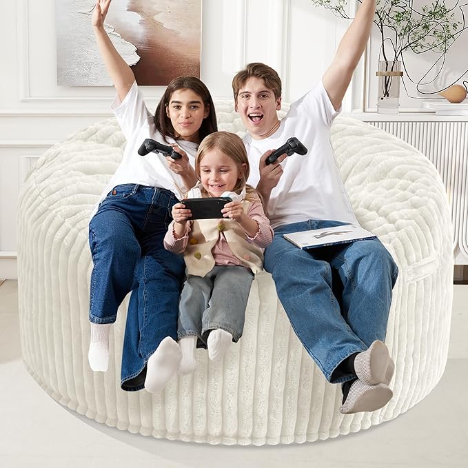 Homguava 6 FT Bean Bag Chair,6' Big Bean Bag,Giant Bean Bag Chairs for Adults with Memory Foam Filled,Comfy Large Beanbag Chairs Soft Bean Bag Sofa with Dutch Corded Plush Cover-White