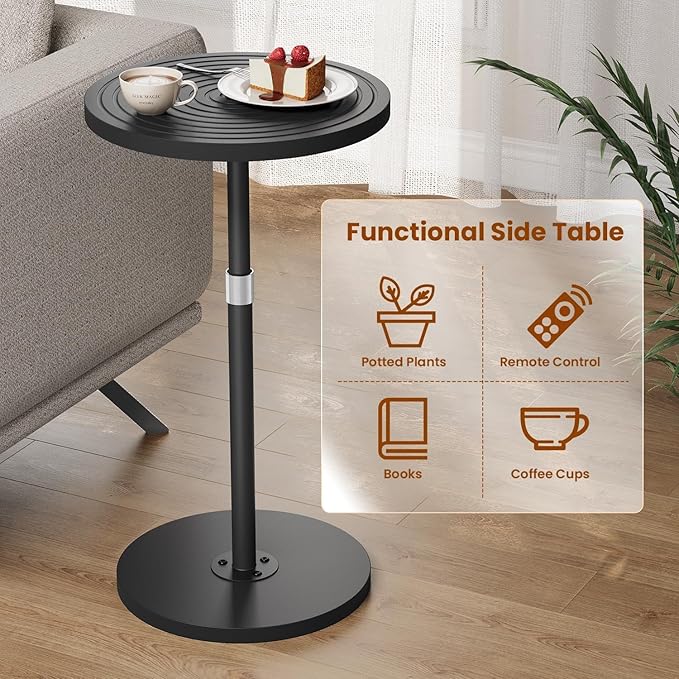 Asgolion Round Side Table, Adjustable-Height Drink Table for Small Spaces, Pedestal Martini Table, Cocktail Tables Weighted Base for Living Room, Bedroom, Bathroom, Office, Black