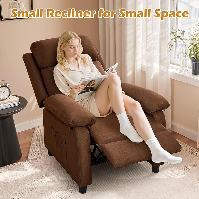 Recliner Chair, Living Room Chairs for Adults, Padded Deep Seat Reading Chair with Side Pockets, Small Recliners for Small Spaces, Lounge Chair for Living Room, Bedroom, and RV (Linen)