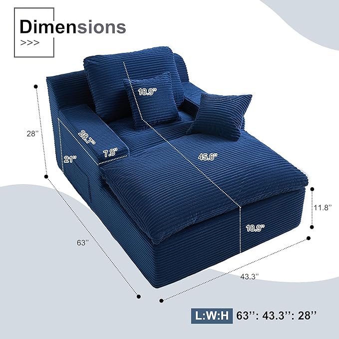 63" Oversized Boneless Chaise Lounge Chair, Extra Cloud Layer, Convertible Sleeper Sofa Couch with Removable Pillows & Side Pockets, Corduroy Upholstered Sofa Bed with Armrests for Living Room, Blue