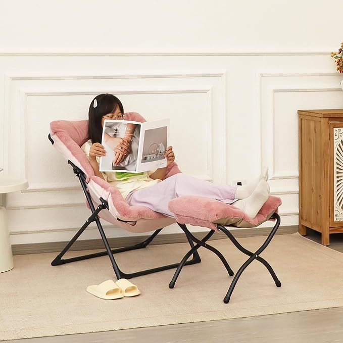Comfy Saucer Chair for Adults, Soft Faux Fur Bedroom Chair with Ottoman, Accent Dorm Chairs, Living Room Reading Chairs and Footstool, Folding Lounge Seat for Teens, X-Large, Dusky Pink