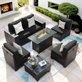 7 Piece Patio Furniture Set with Fire Pit Table, Outdoor Sectional Conversation Sets Black Wicker Rattan Sofa with Coffee Table for Patio Garden Backyard, 4'' Thickened Cushion Black