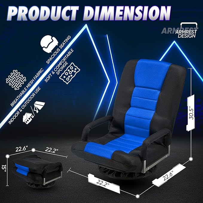 Swivel Gaming Chair 360 Degree Multipurpose 2PACK Floor Chair w/Armrest & 6 Adjustable Postions Backrest for Adults & Kids, for Reading, Gaming, Watching, Relaxing, Blue