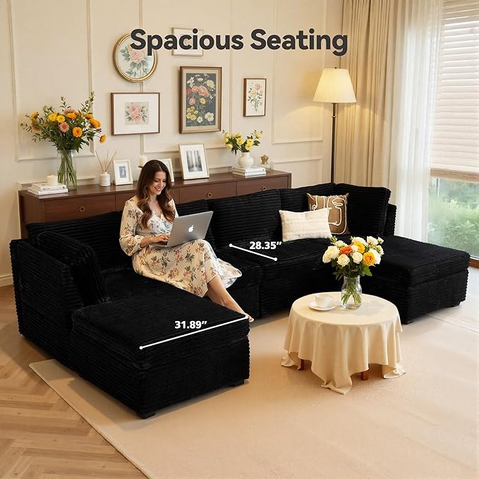 CAODOC Large 6 Seat Modular Sectional Sofa with Ottoman Seat Corduroy Sleeper Sectional Sofa Bed Oversized Convertible Modular Couch for Living Room