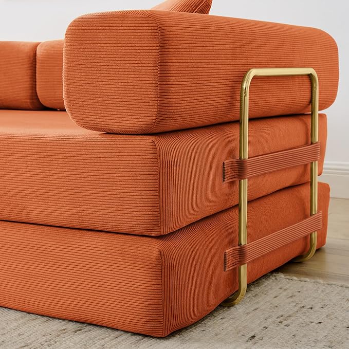 Antetek Convertible Futon Sofa Bed, 3-Seater Modern Corduroy Foam Floor King Size Bed Fold Out Sleeper Lounge Loveseat Sofa Couch with 2 Throw Pillows for Living Room Bedroom Guest Room, Orange