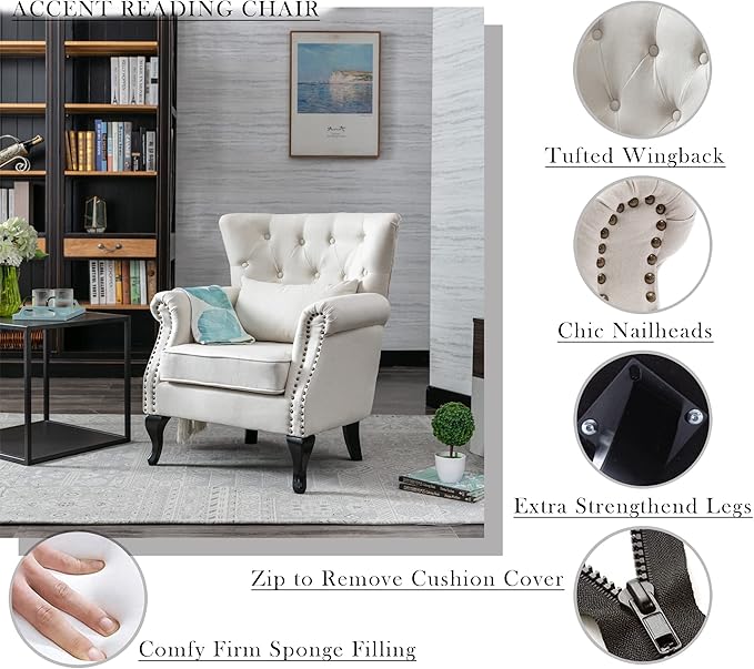 Janoray Mid Century Modern Accent Chair Upholstered Armchair Comfy Linen Fabric Single Sofa with Tufted Wingback for Small Spaces Bedroom Living Room, Beige