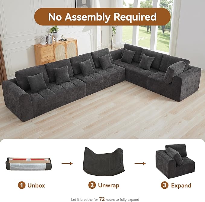 170''Modular Sectional Couches for Living Room, Cloud Boneless Compressed Sectional Sofa, Oversized L Shaped 7 Seater Upholstered Memory Foam Sofa, No Assembly, Chenille Grey