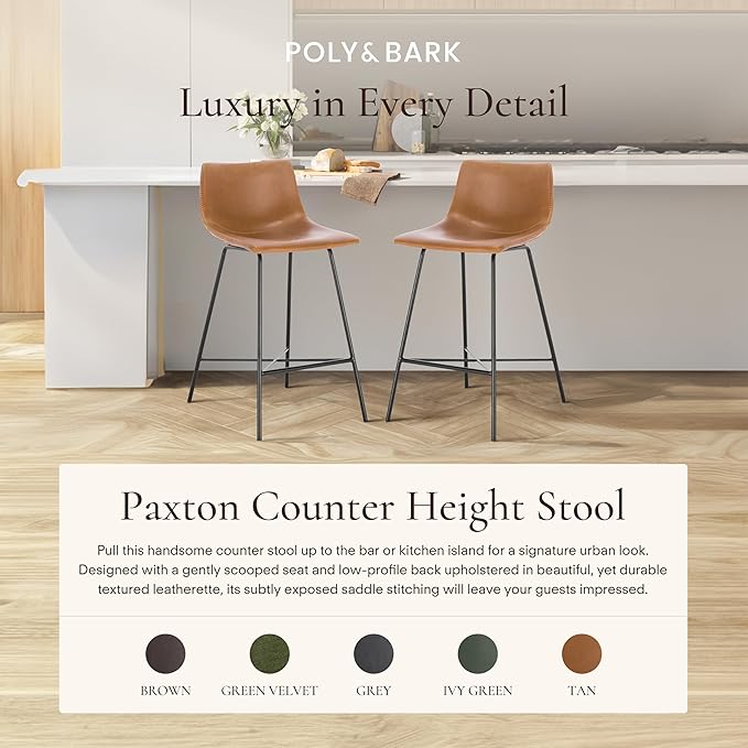 POLY & BARK Paxton Leather Counter Stools 24 Inches – Set of 2 - Counter Height Bar Stools with Back – Modern Barstools for Kitchen Island or Counters – Faux Leather & Matte Black Steel Base – Tan