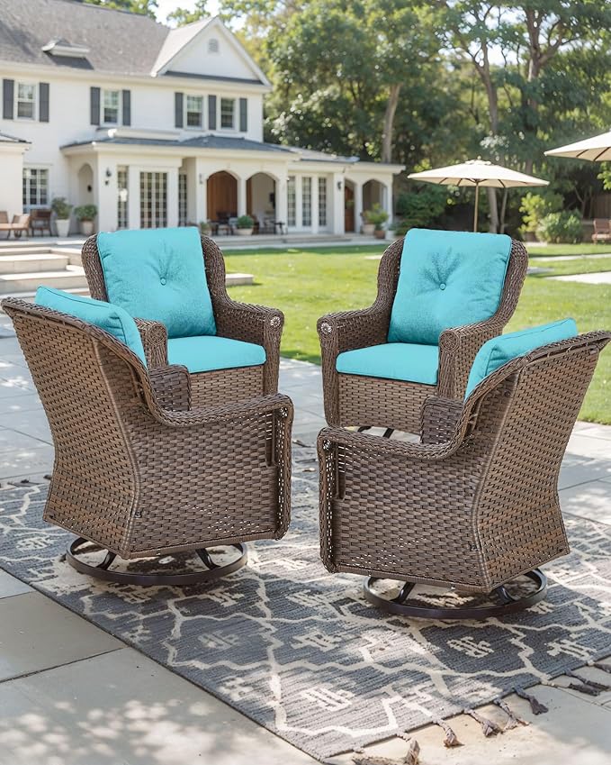ACTREST Patio Chairs Outdoor Swivel Glider - Set of 4 High Back Outside Brown Wicker Rattan Rocking Chair with Thick Cushion for Porch Apartment Deck Yard Poolside Garden - Turquoise