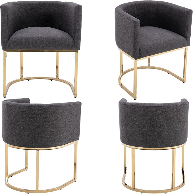 VESCASA Linen Upholstered Dining Chairs with Barrel Back, Mid Century Modern Padded Restaurant Chairs with Gold Metal Frame for Kitchen, Dining Room, Set of 3, Charcoal