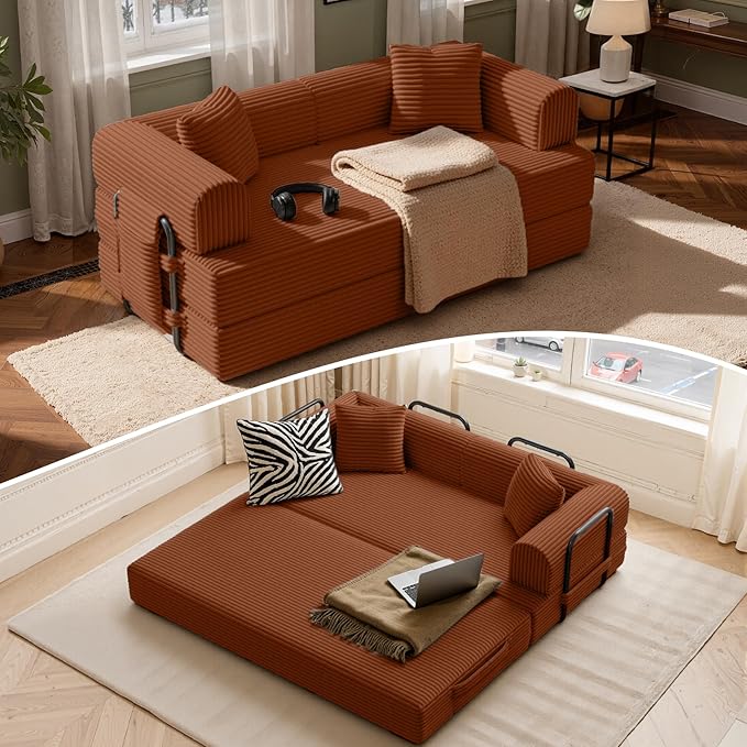 Convertible Corduroy Sleeper Sofa Bed with Cylindrical Pillow, Folding Mattress Couch with Fixed-Shape Frame, Floor Sofa Lounge Couch for Living Room Bedroom Lounge Studio, Red Brown