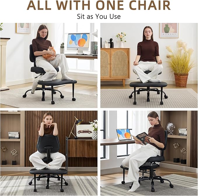 Ergonomic Cross Legged Office Chair, Criss Cross Chair with Wheels, 360°Swivel ADHD Meditation Kneeling Yoga Seat with Adjustable Height, Ergonomic Back Support and Leg Rest, Leather (Black)